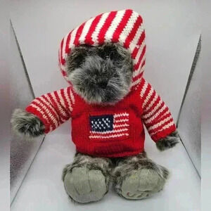 Dillards Plush 16" Smoky Grey Teddy Bear Red White Blue USA Flag Knitted Sweater